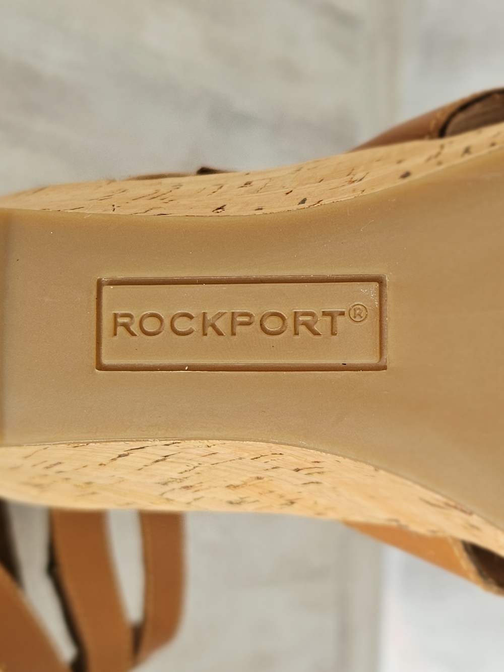 ROCKPORT Women's Cognac Brown Leather Wedge Sandals Size 9 Wide Strappy Back Zip - Picture 11 of 16